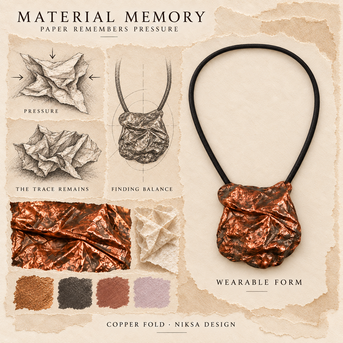Copper Fold concept moodboard with sculptural jewelry, texture details and graphite studies of pressure, visible traces and balance.
