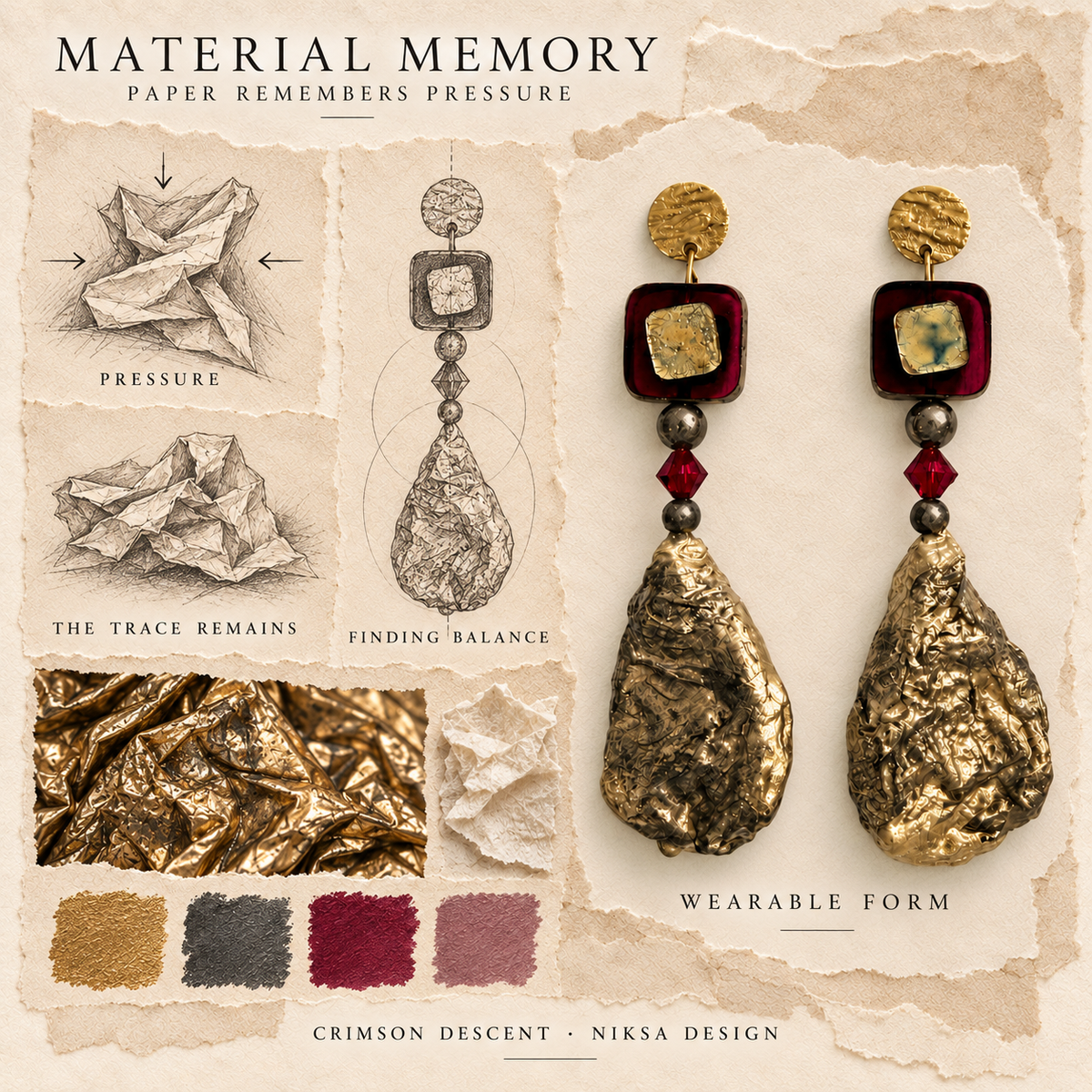 Crimson Descent concept moodboard: paper compression, retained folds and renewed balance, with sculptural earrings and graphite studies.