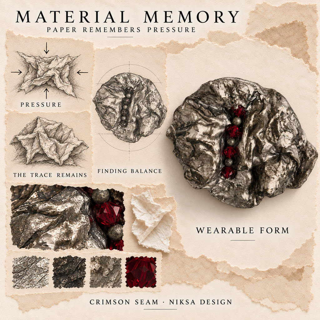 Crimson Seam concept moodboard with sculptural jewelry, texture details and graphite studies of pressure, visible traces and balance.
