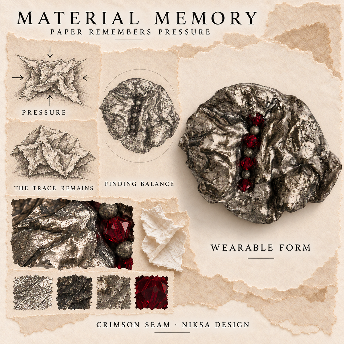 Crimson Seam concept moodboard with sculptural jewelry, texture details and graphite studies of pressure, visible traces and balance.
