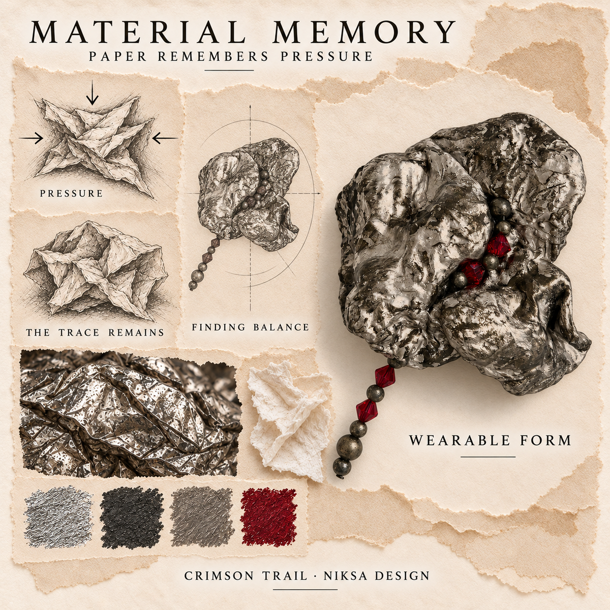 Crimson Trail concept moodboard with sculptural jewelry, texture details and graphite studies of pressure, visible traces and balance.