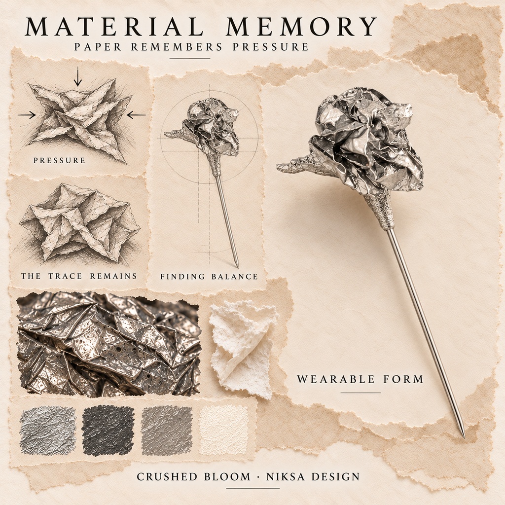 Crushed Bloom concept moodboard with sculptural jewelry, texture details and graphite studies of pressure, visible traces and balance.