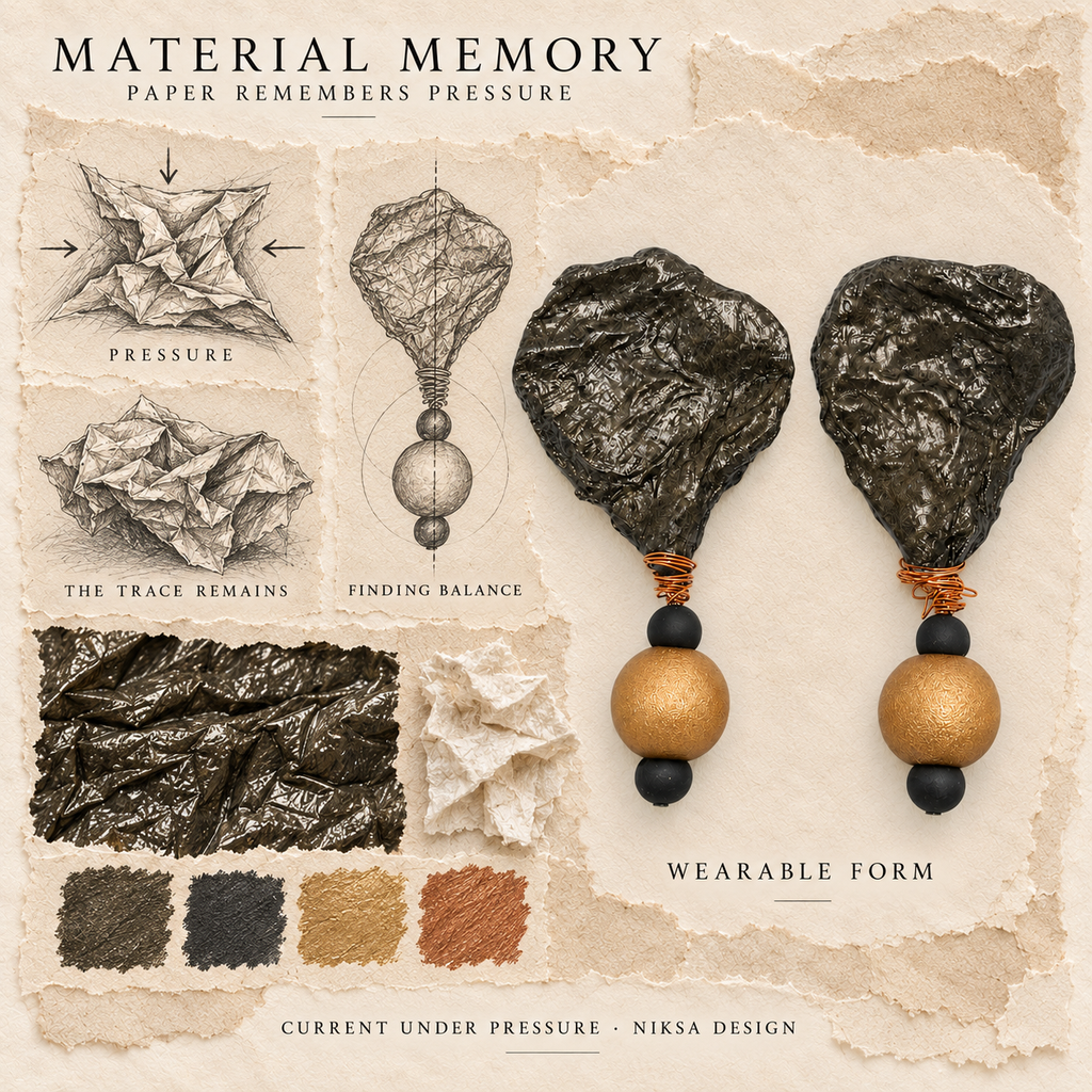 Current Under Pressure concept moodboard: paper compression, retained folds and renewed balance, with sculptural earrings and graphite studies.