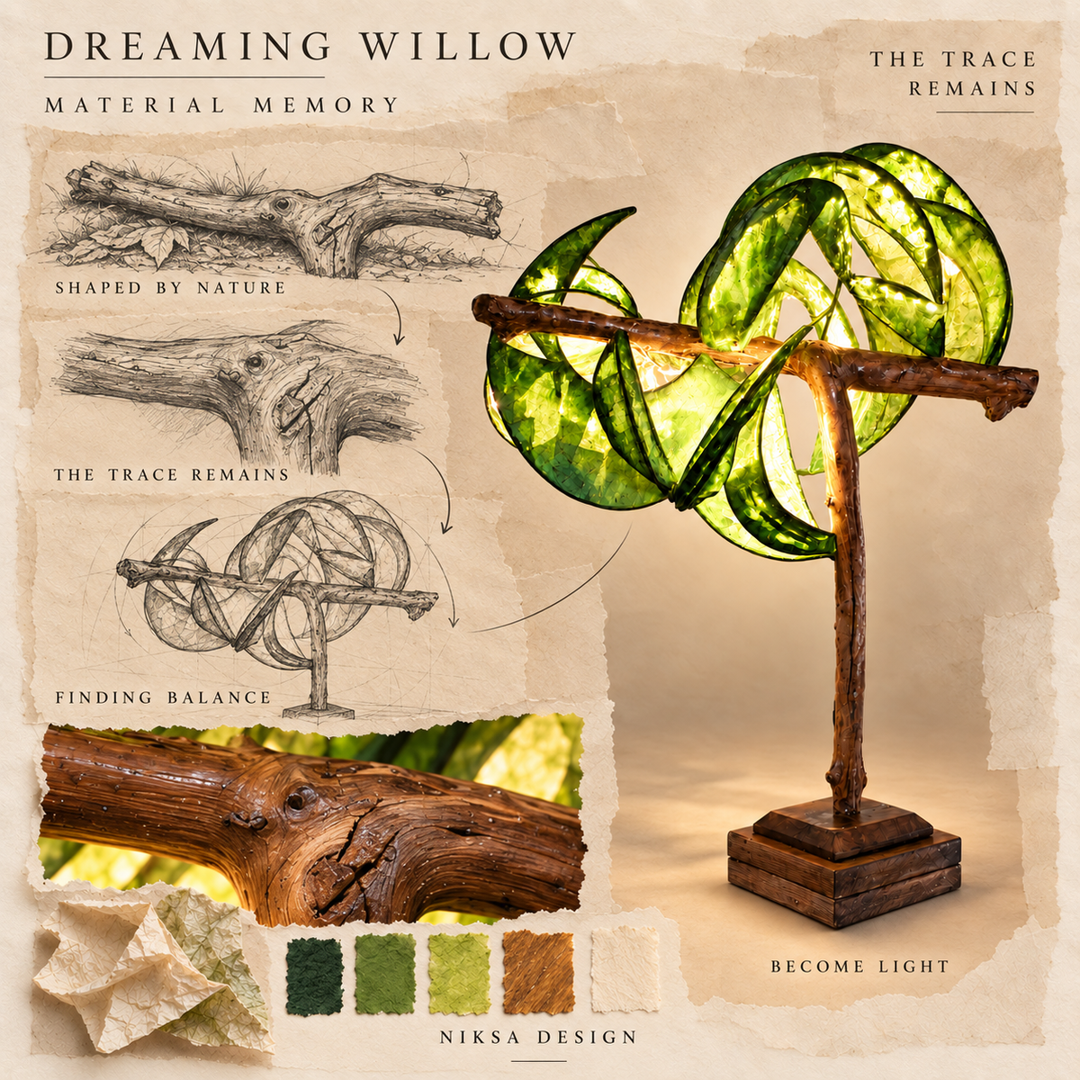 Dreaming Willow material and transformation moodboard
