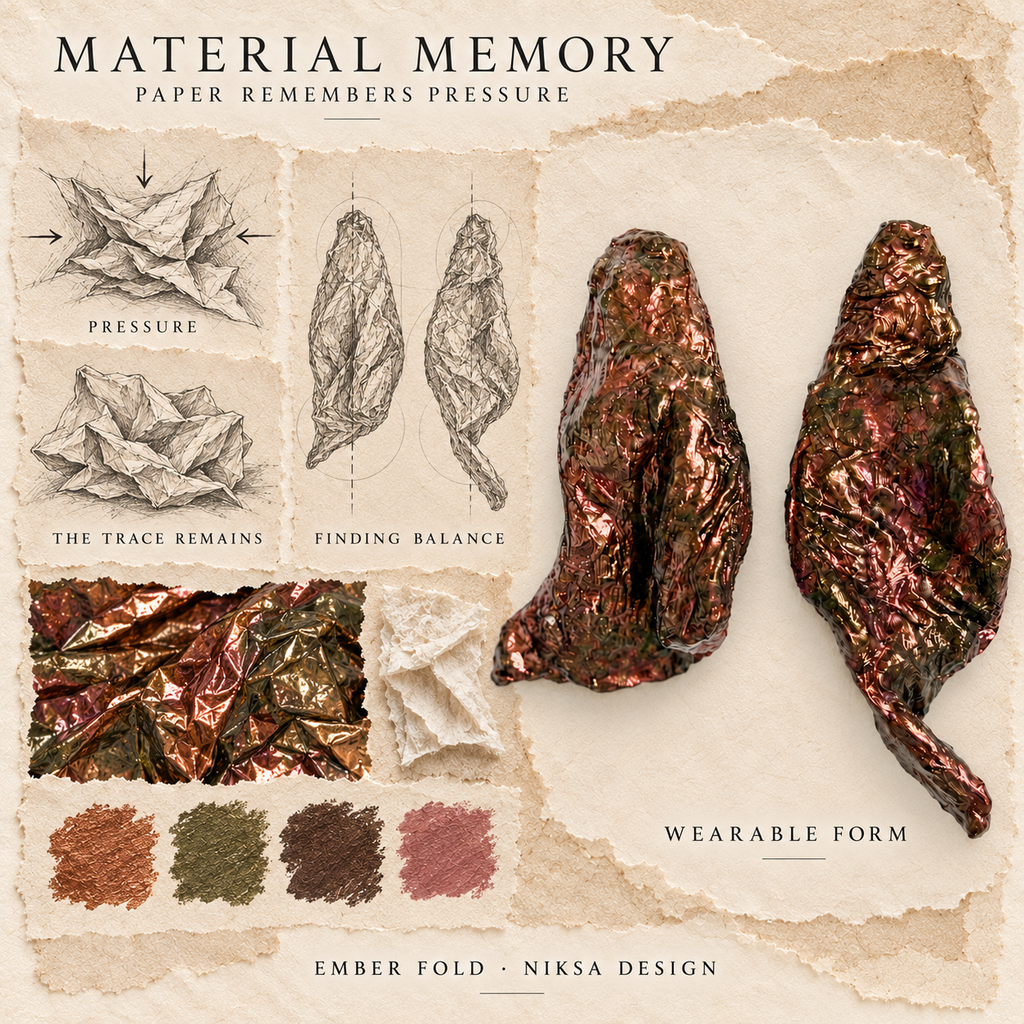 Ember Fold concept moodboard: paper compression, retained folds and renewed balance, with sculptural earrings and graphite studies.