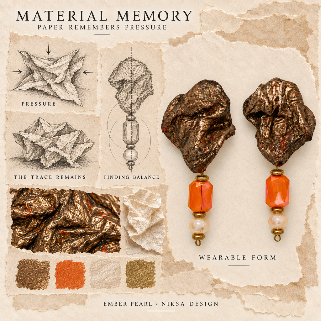 Ember Pearl concept moodboard with sculptural earrings, texture details and graphite studies of pressure, visible traces and balance.