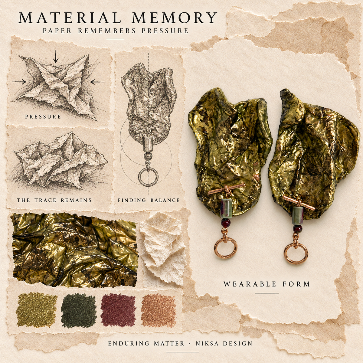 Enduring Matter concept moodboard with sculptural earrings, texture details and graphite studies of pressure, visible traces and balance.