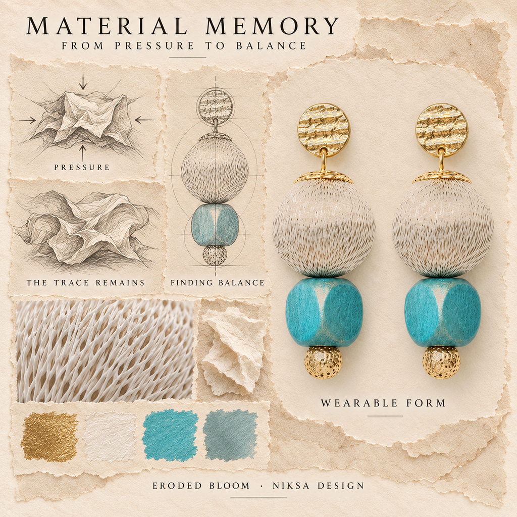 Eroded Bloom concept moodboard with sculptural earrings, texture details and graphite studies of pressure, visible traces and balance.
