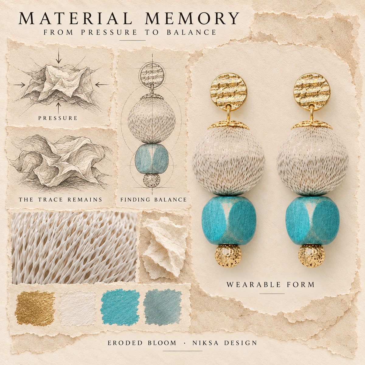 Eroded Bloom concept moodboard with sculptural earrings, texture details and graphite studies of pressure, visible traces and balance.