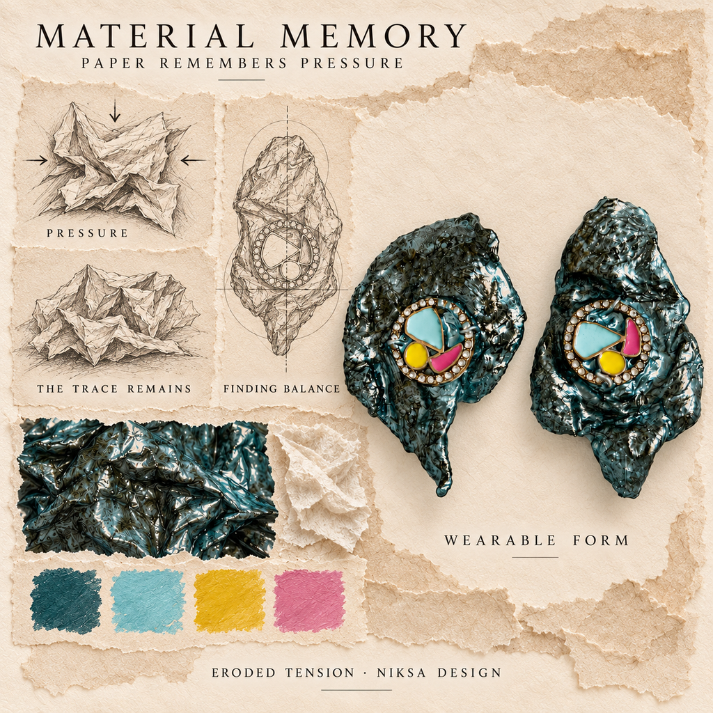 Eroded Tension concept moodboard with sculptural earrings, texture details and graphite studies of pressure, visible traces and balance.