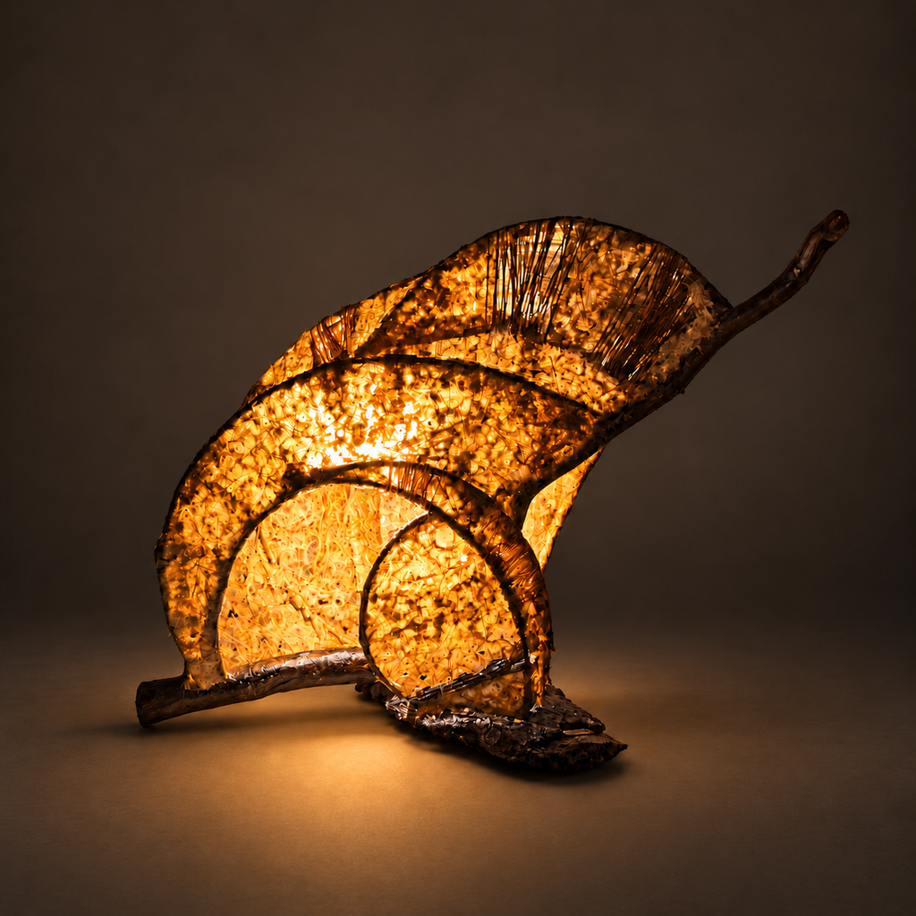 Fernlight sculptural lamp illuminated against warm charcoal