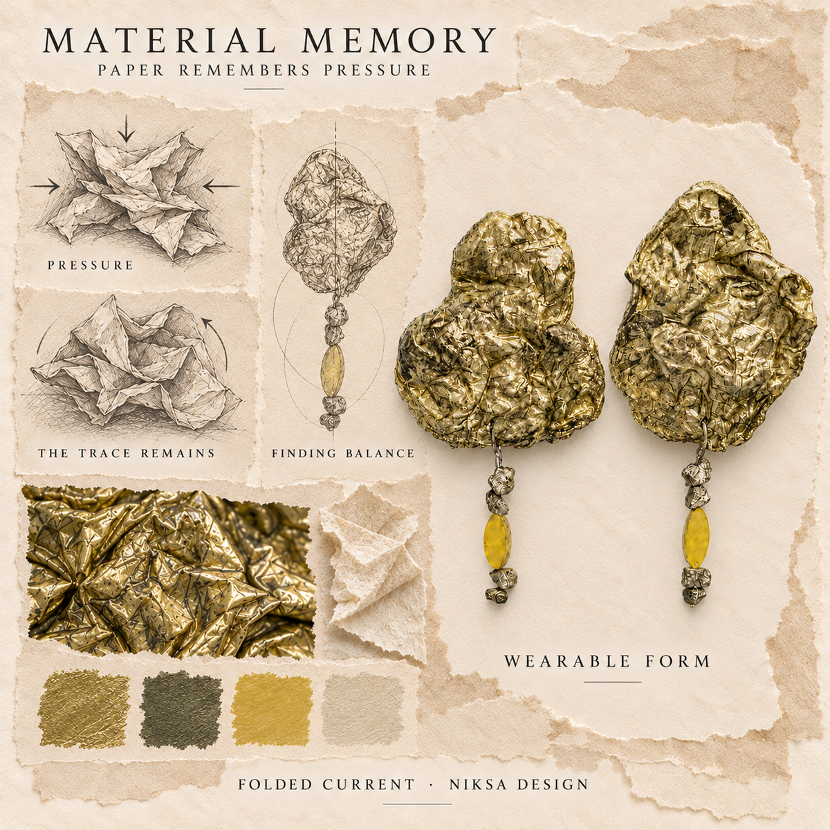 Folded Current concept moodboard with sculptural earrings, texture details and graphite studies of pressure, visible traces and balance.