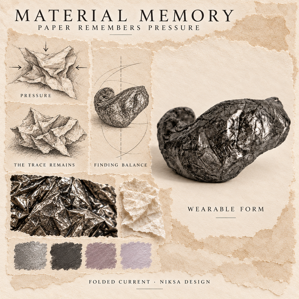Folded Current concept moodboard with sculptural jewelry, texture details and graphite studies of pressure, visible traces and balance.
