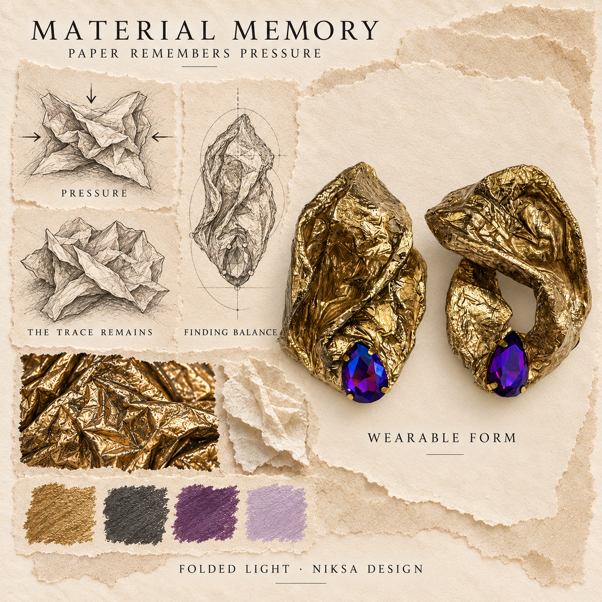 Folded Light concept moodboard with sculptural earrings, texture details and graphite studies of pressure, visible traces and balance.