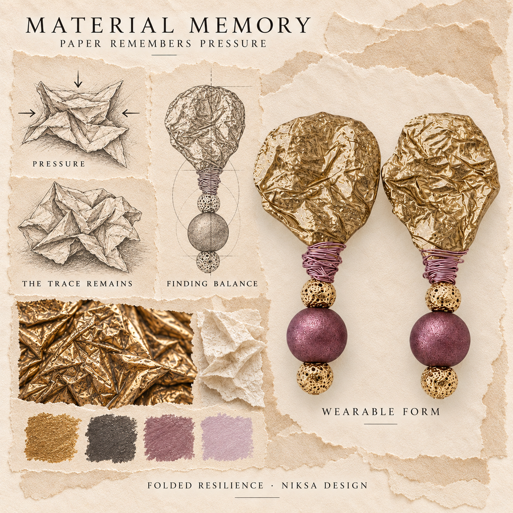 Folded Resilience concept moodboard with sculptural earrings, texture details and graphite studies of pressure, visible traces and balance.