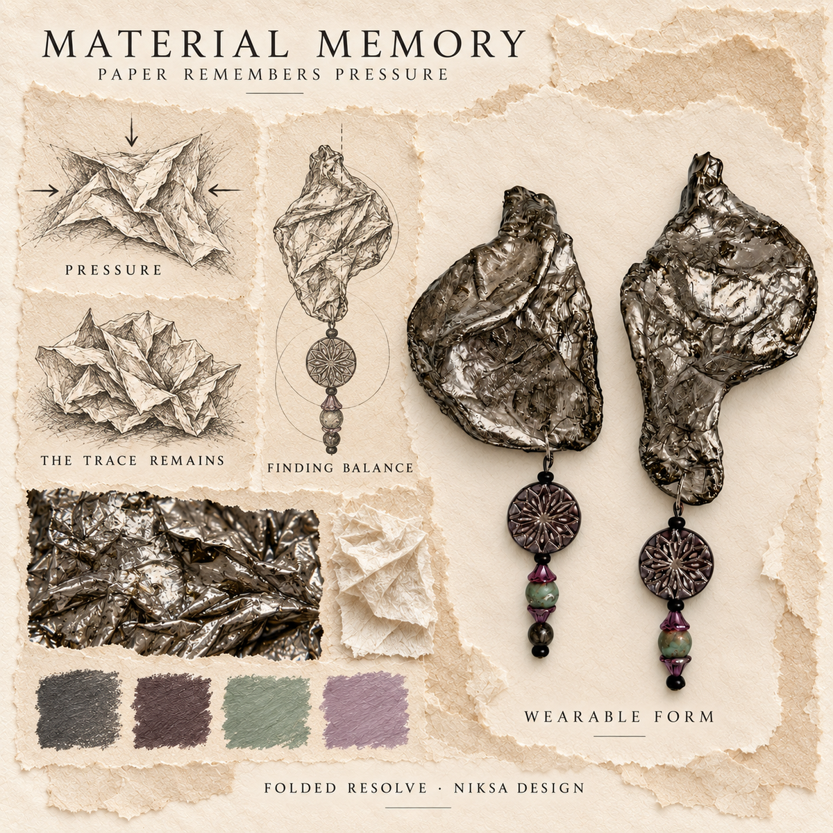 Folded Resolve concept moodboard with sculptural earrings, texture details and graphite studies of pressure, visible traces and balance.