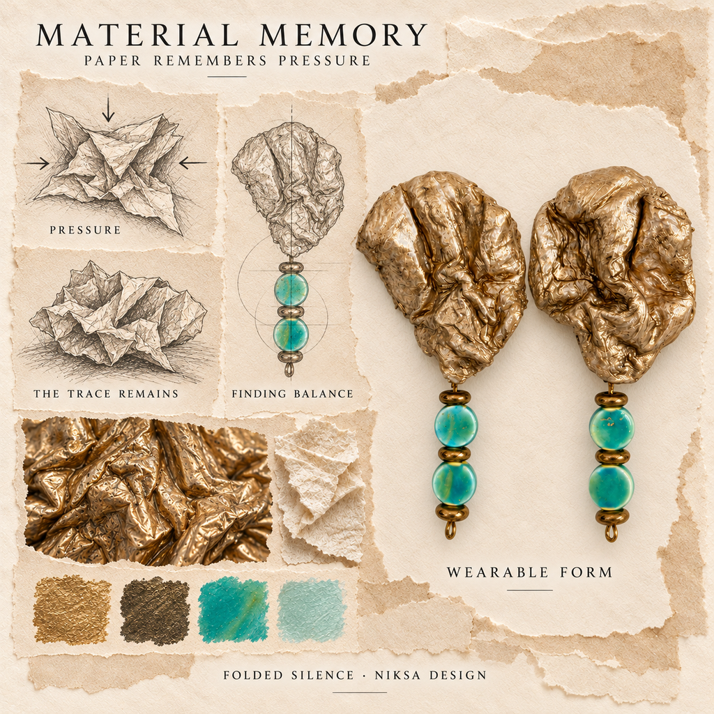 Folded Silence concept moodboard with sculptural earrings, texture details and graphite studies of pressure, visible traces and balance.
