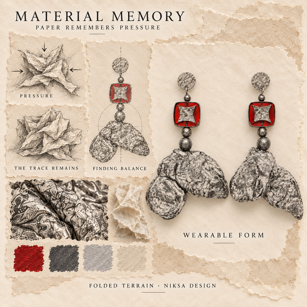 Folded Terrain concept moodboard with sculptural earrings, texture details and graphite studies of pressure, visible traces and balance.