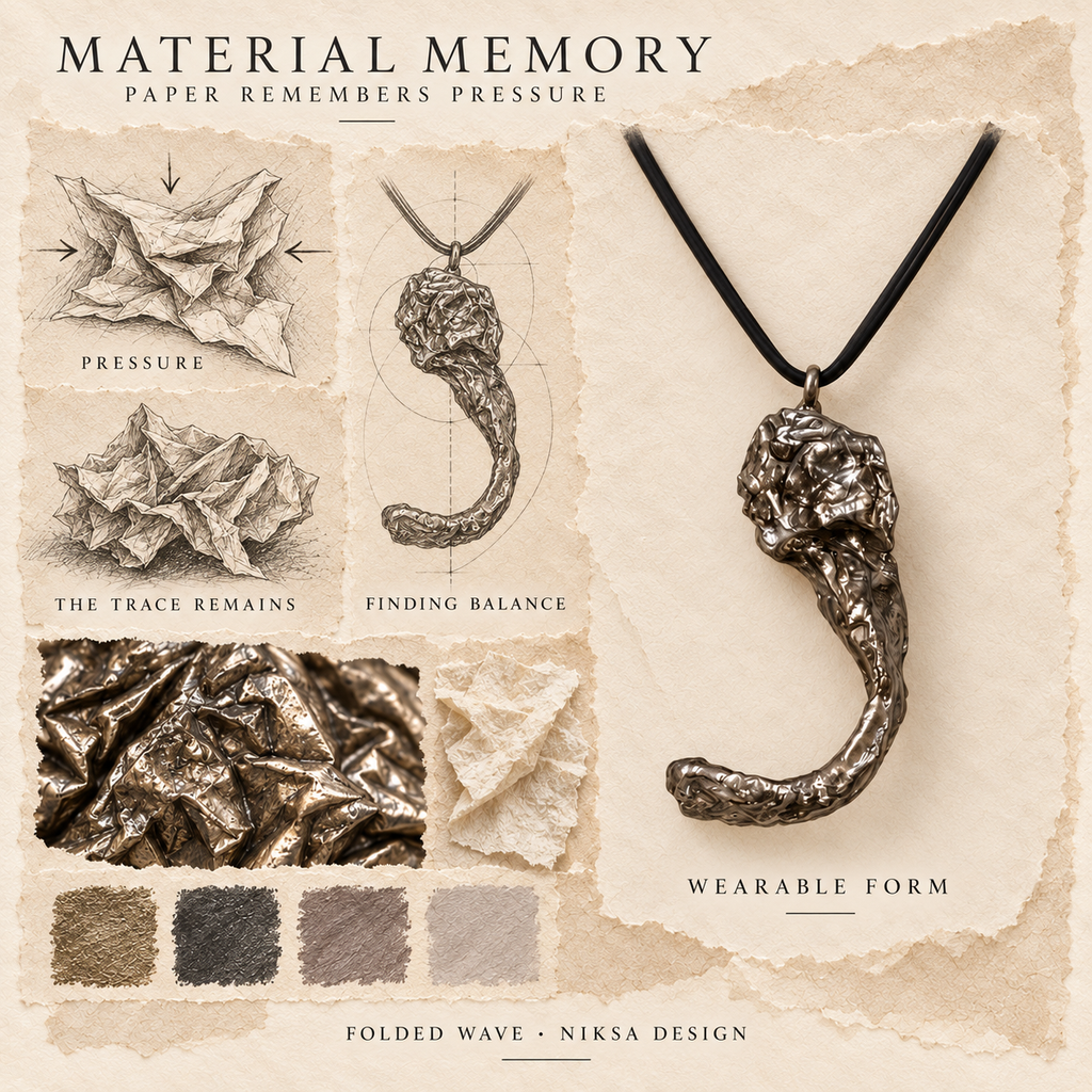 Folded Wave concept moodboard with sculptural jewelry, texture details and graphite studies of pressure, visible traces and balance.