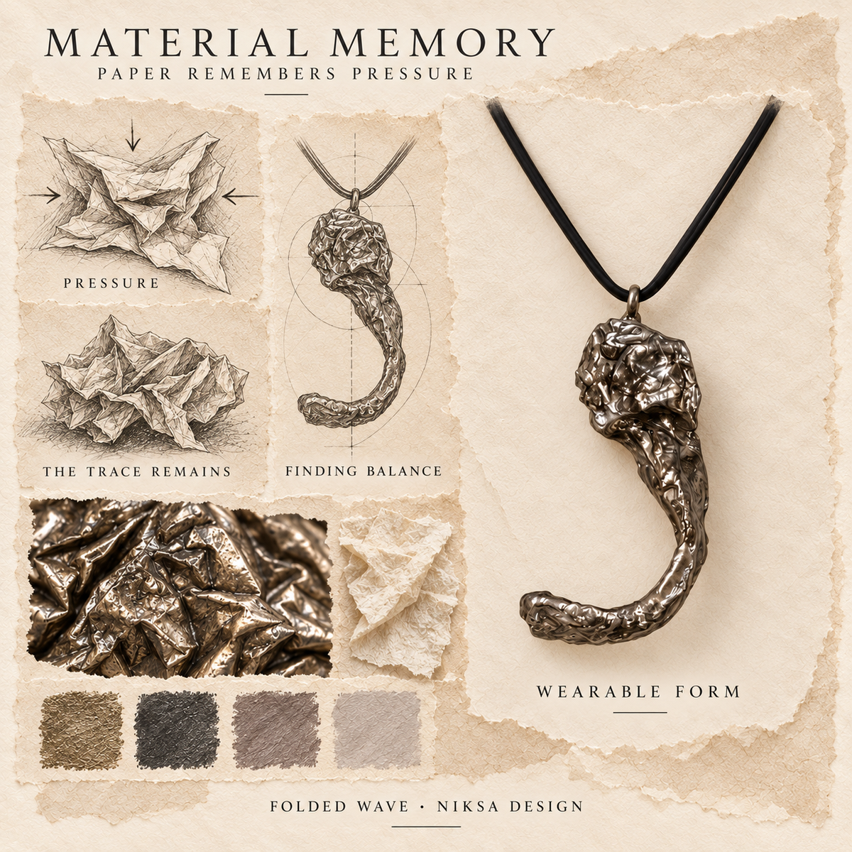 Folded Wave concept moodboard with sculptural jewelry, texture details and graphite studies of pressure, visible traces and balance.