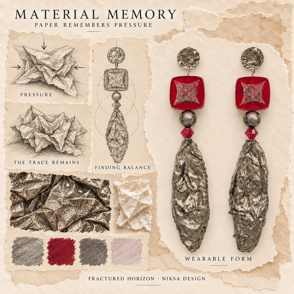 Fractured Horizon concept moodboard with sculptural earrings, texture details and graphite studies of pressure, visible traces and balance.