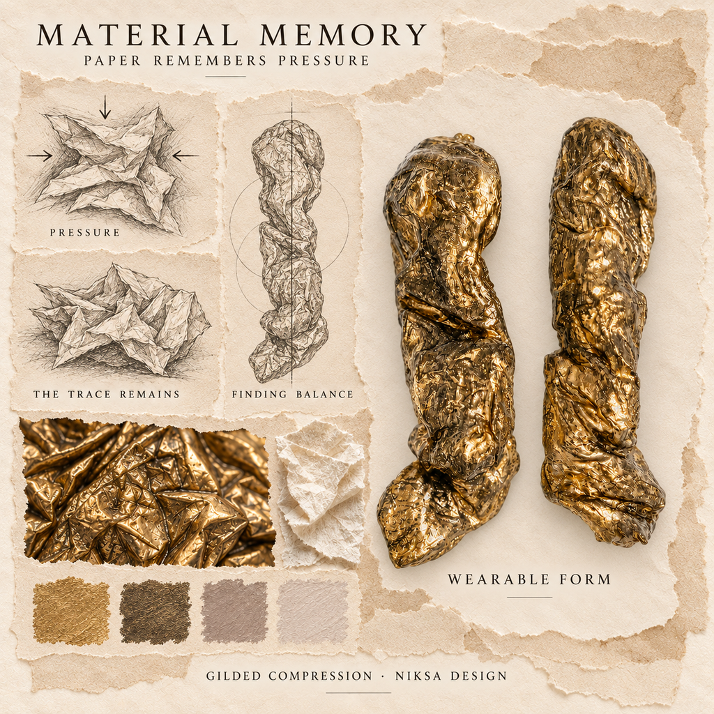 Gilded Compression concept moodboard with sculptural earrings, texture details and graphite studies of pressure, visible traces and balance.
