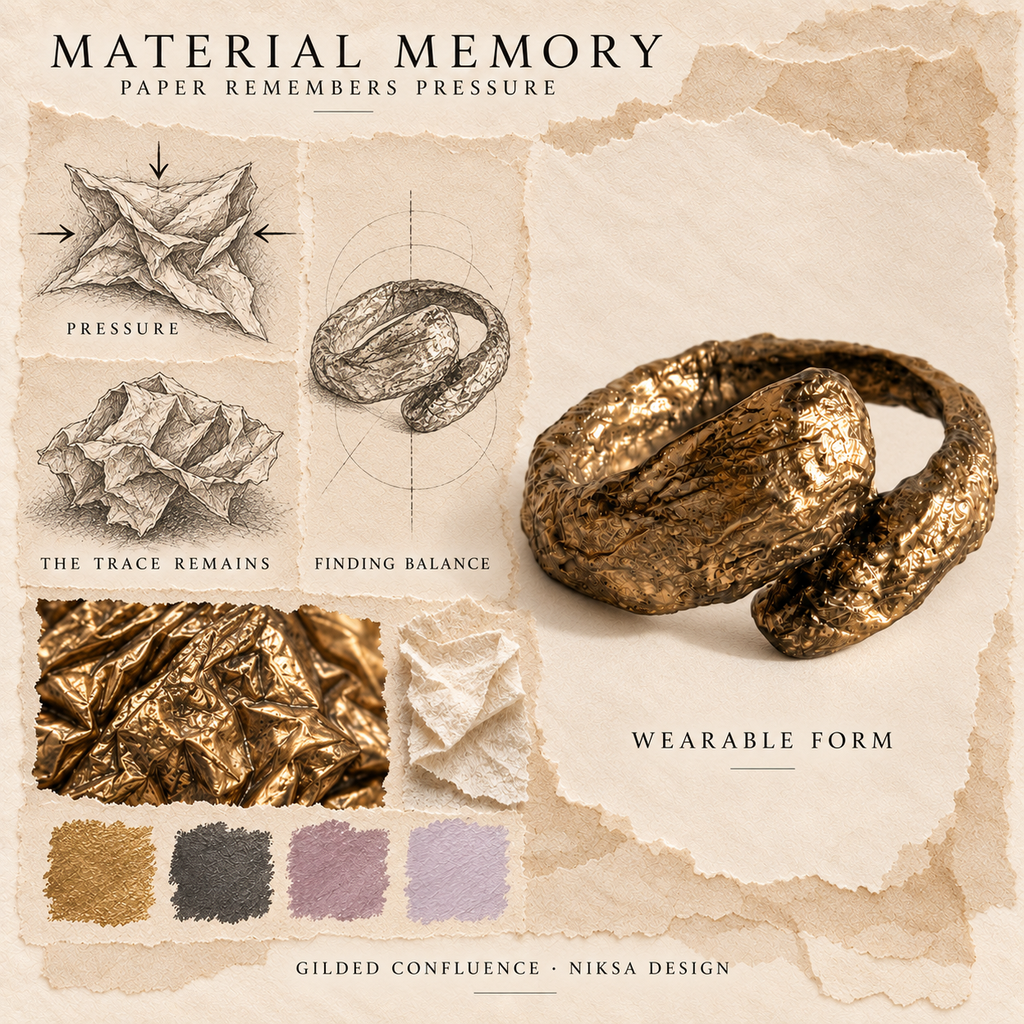 Gilded Confluence concept moodboard with sculptural jewelry, texture details and graphite studies of pressure, visible traces and balance.