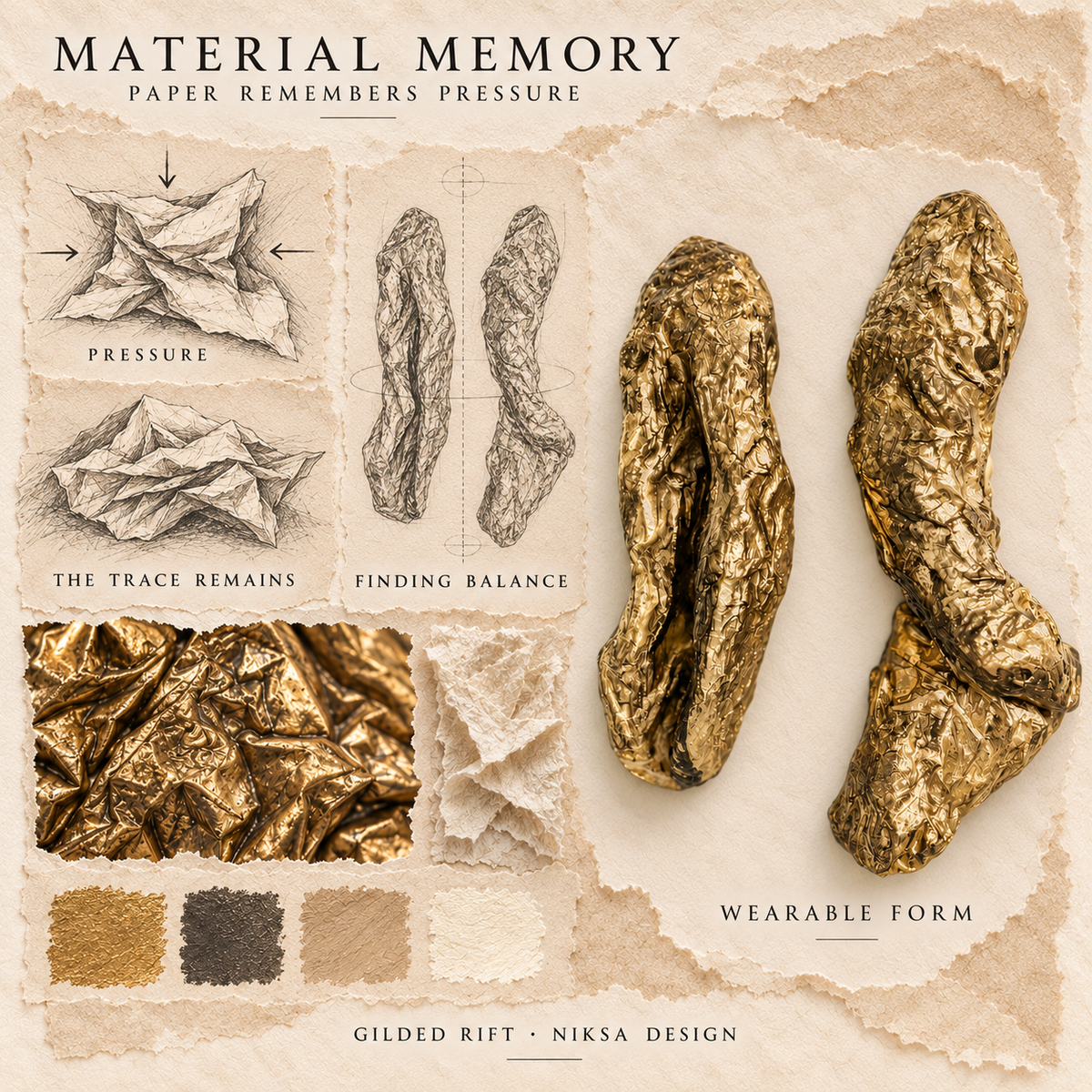 Gilded Rift concept moodboard with sculptural earrings, texture details and graphite studies of pressure, visible traces and balance.