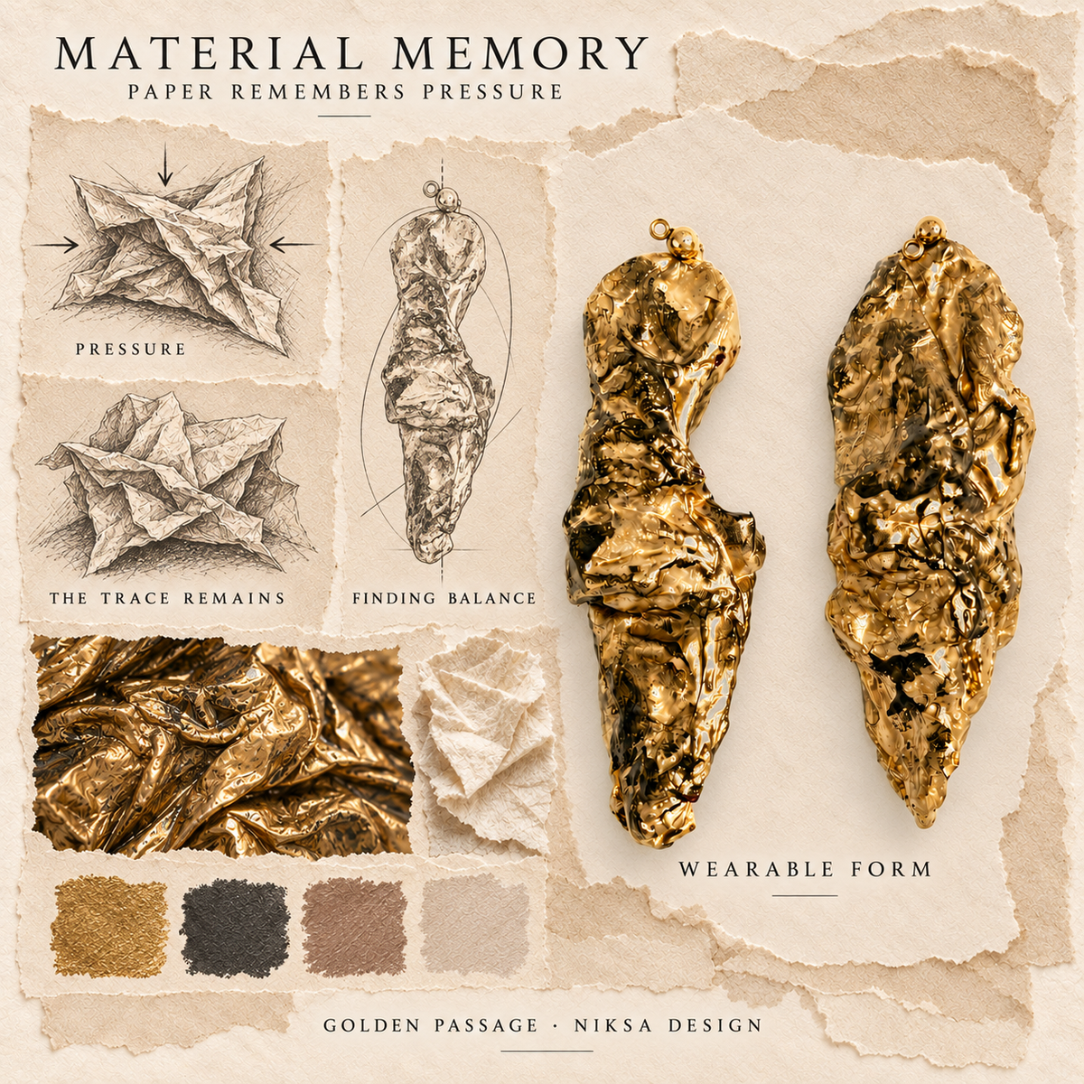 Golden Passage concept moodboard with sculptural earrings, texture details and graphite studies of pressure, visible traces and balance.