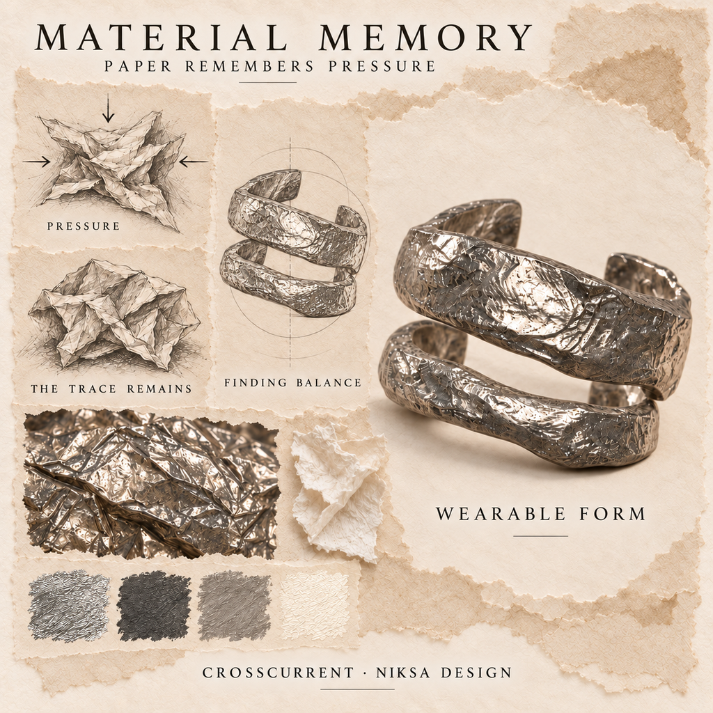 Crosscurrent concept moodboard with sculptural jewelry, texture details and graphite studies of pressure, visible traces and balance.