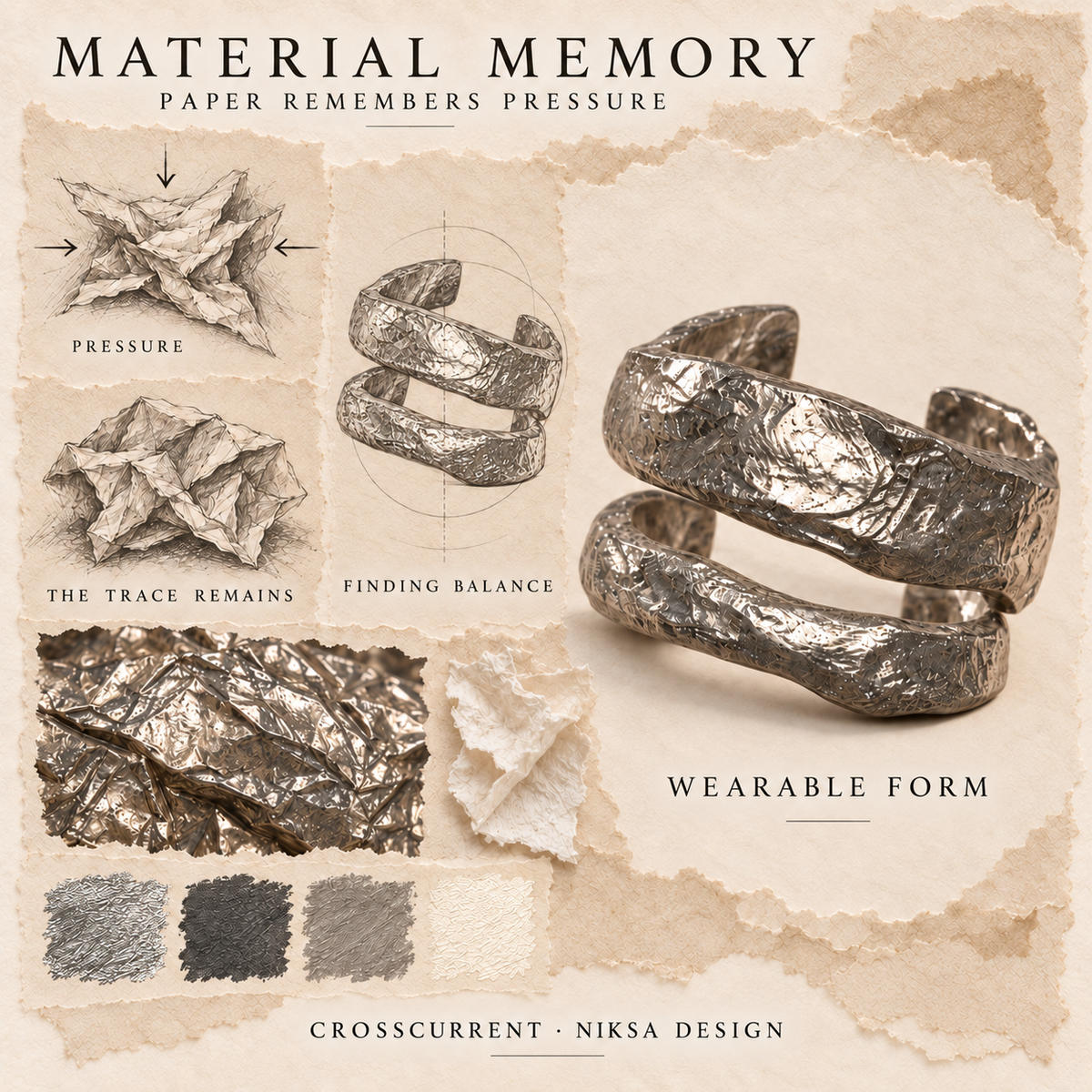 Crosscurrent concept moodboard with sculptural jewelry, texture details and graphite studies of pressure, visible traces and balance.