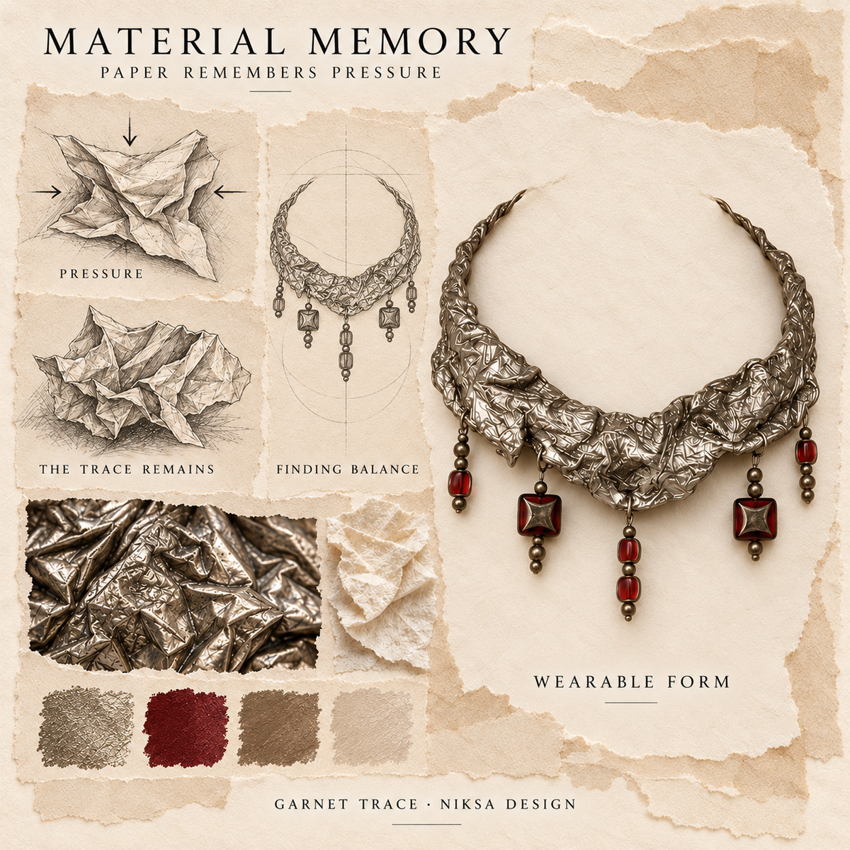 Garnet Trace concept moodboard with sculptural jewelry, texture details and graphite studies of pressure, visible traces and balance.