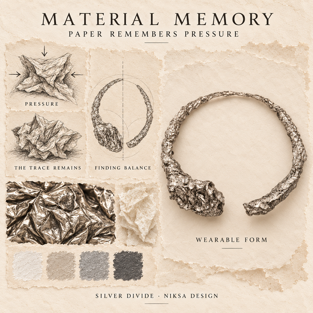 Silver Divide concept moodboard with sculptural jewelry, texture details and graphite studies of pressure, visible traces and balance.