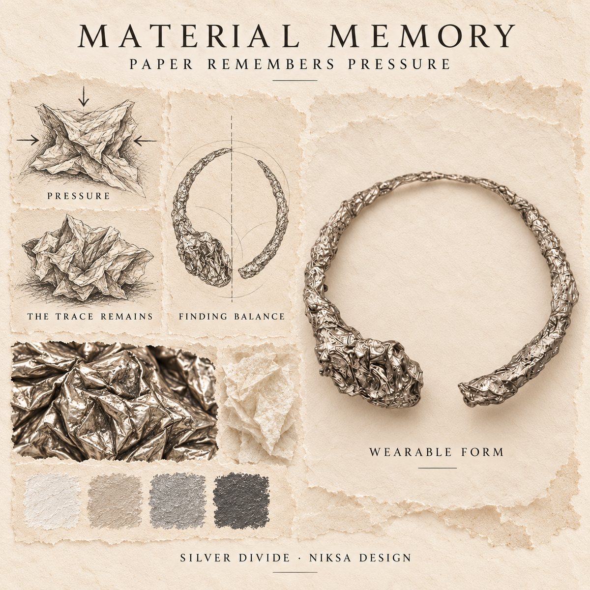 Silver Divide concept moodboard with sculptural jewelry, texture details and graphite studies of pressure, visible traces and balance.