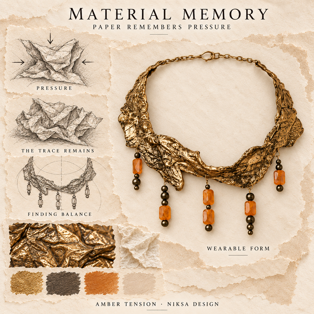 Amber Tension concept moodboard with sculptural jewelry, texture details and graphite studies of pressure, visible traces and balance.