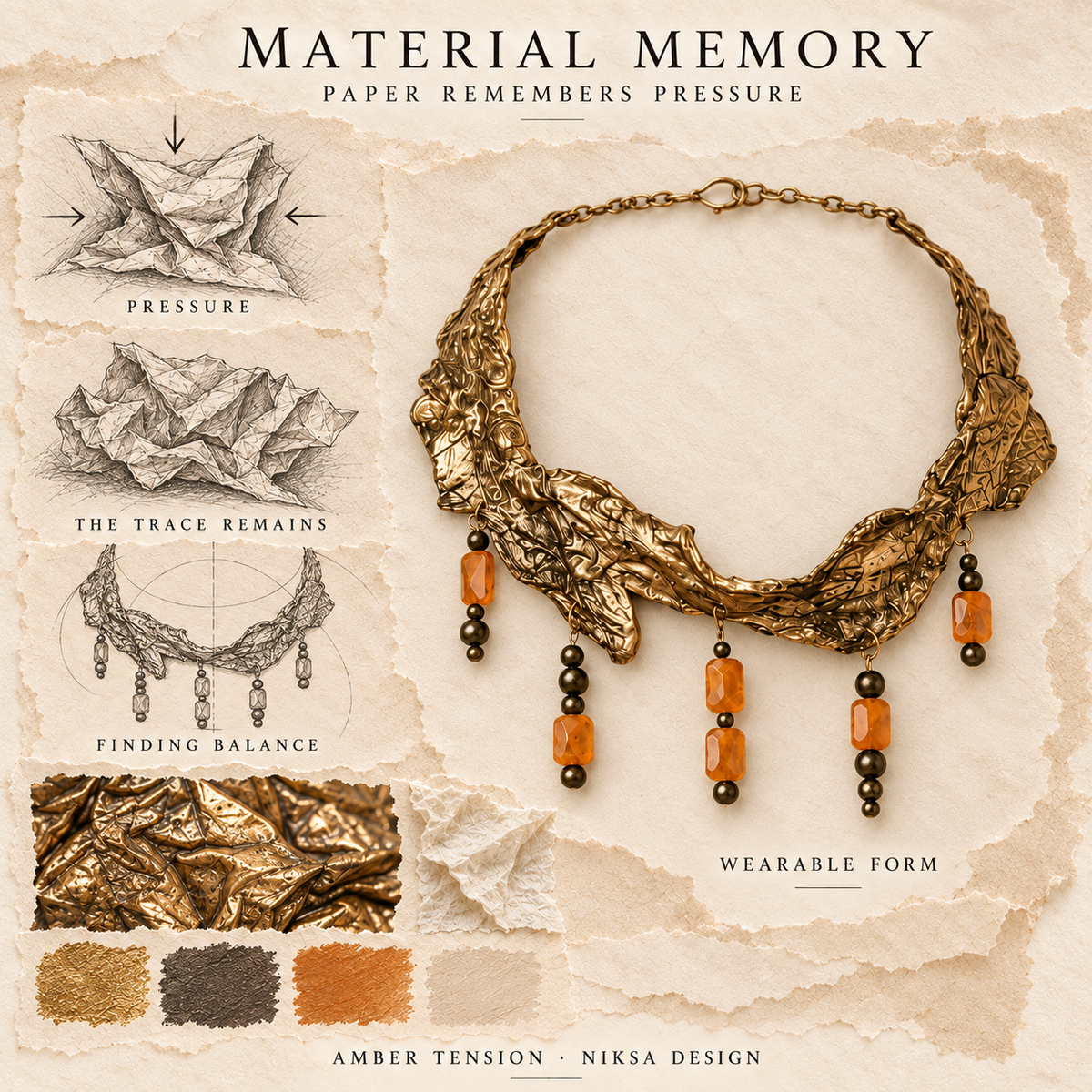 Amber Tension concept moodboard with sculptural jewelry, texture details and graphite studies of pressure, visible traces and balance.