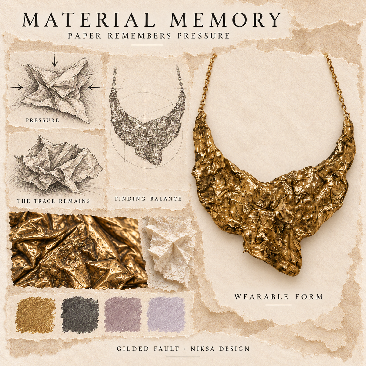 Gilded Fault concept moodboard with sculptural jewelry, texture details and graphite studies of pressure, visible traces and balance.
