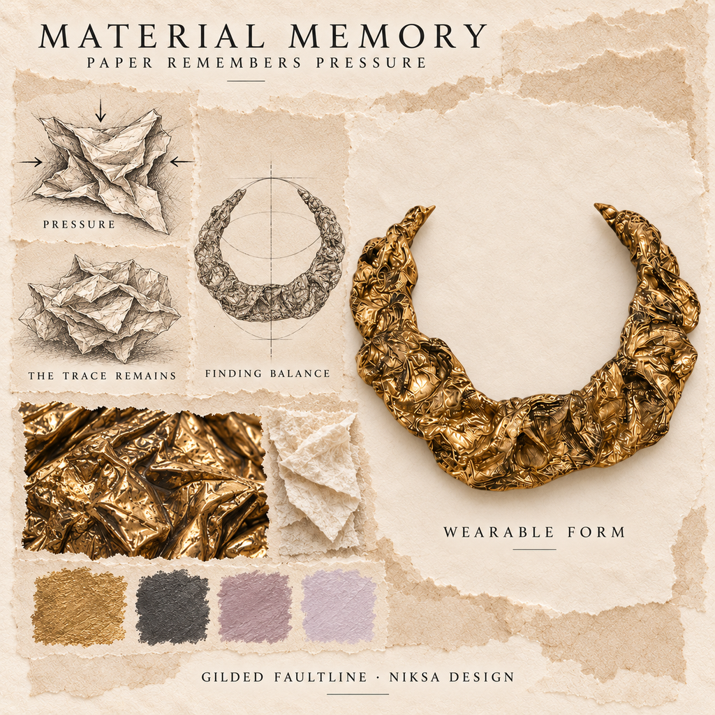 Gilded Faultline concept moodboard with sculptural jewelry, texture details and graphite studies of pressure, visible traces and balance.