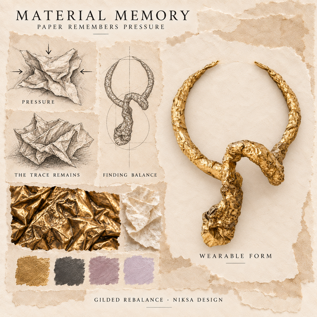 Gilded Rebalance concept moodboard with sculptural jewelry, texture details and graphite studies of pressure, visible traces and balance.