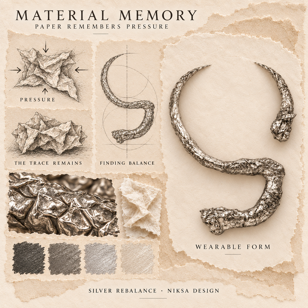 Silver Rebalance concept moodboard with sculptural jewelry, texture details and graphite studies of pressure, visible traces and balance.