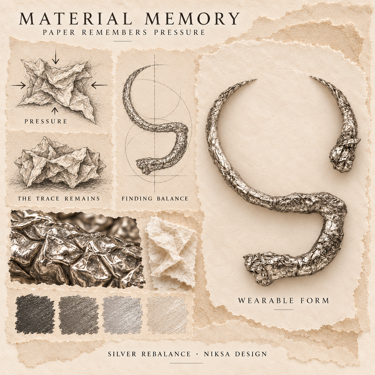 Silver Rebalance concept moodboard with sculptural jewelry, texture details and graphite studies of pressure, visible traces and balance.