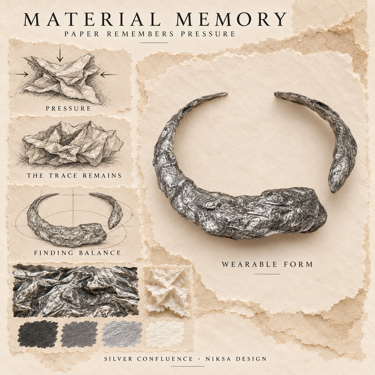 Silver Confluence concept moodboard with sculptural jewelry, texture details and graphite studies of pressure, visible traces and balance.
