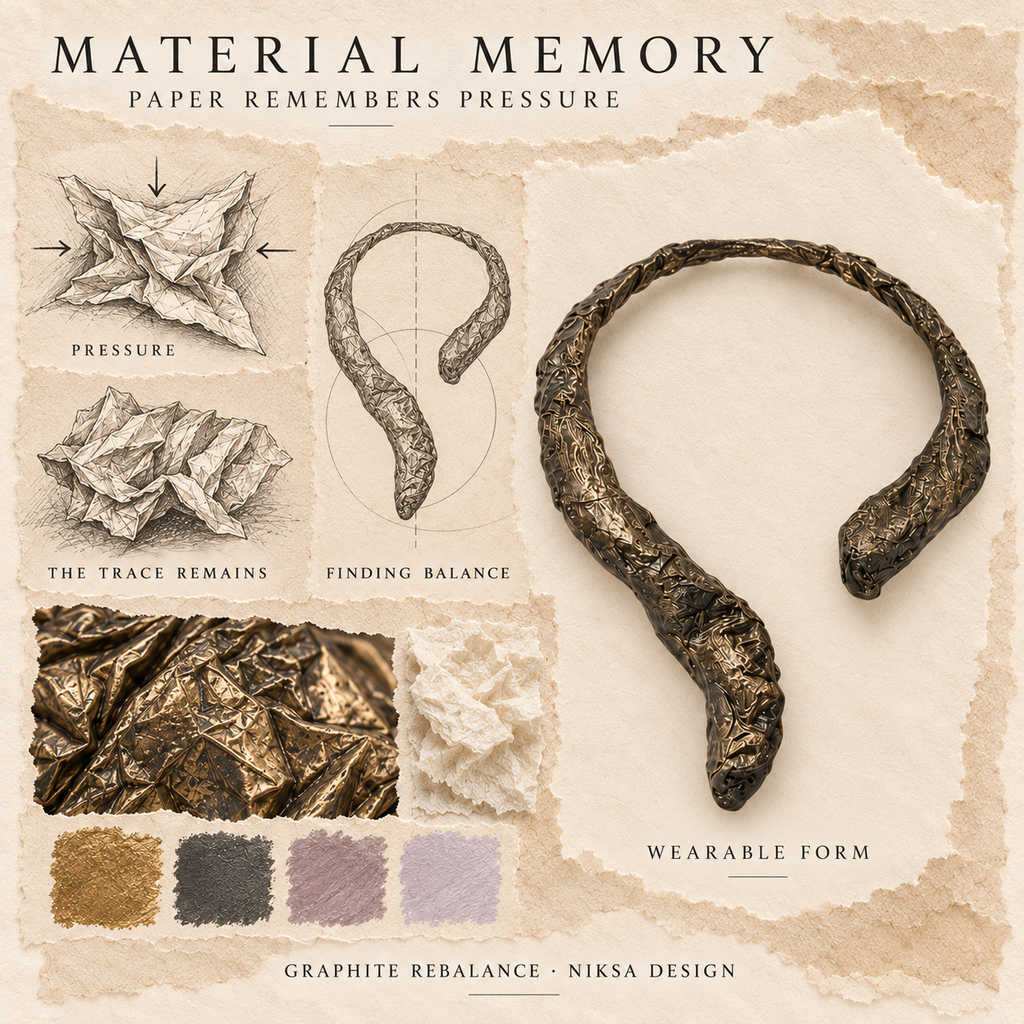 Graphite Rebalance concept moodboard with sculptural jewelry, texture details and graphite studies of pressure, visible traces and balance.