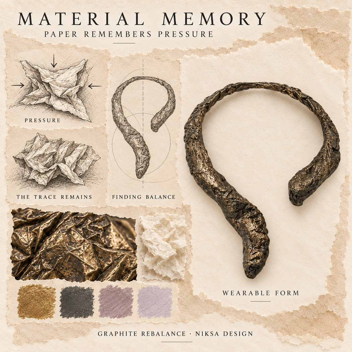 Graphite Rebalance concept moodboard with sculptural jewelry, texture details and graphite studies of pressure, visible traces and balance.