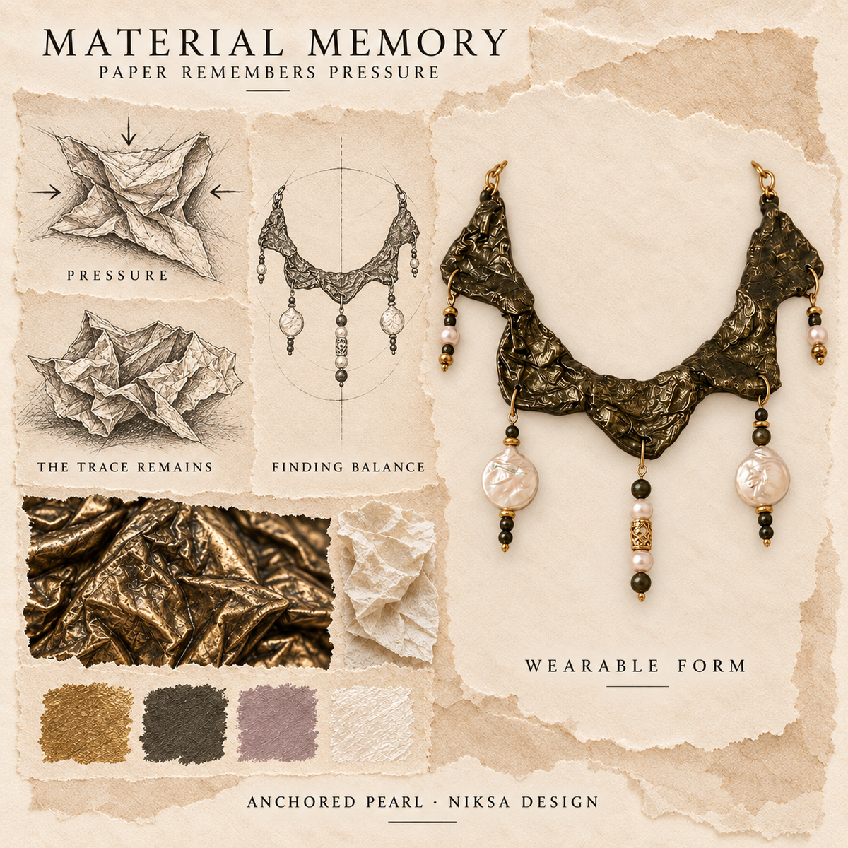 Anchored Pearl concept moodboard with sculptural jewelry, texture details and graphite studies of pressure, visible traces and balance.