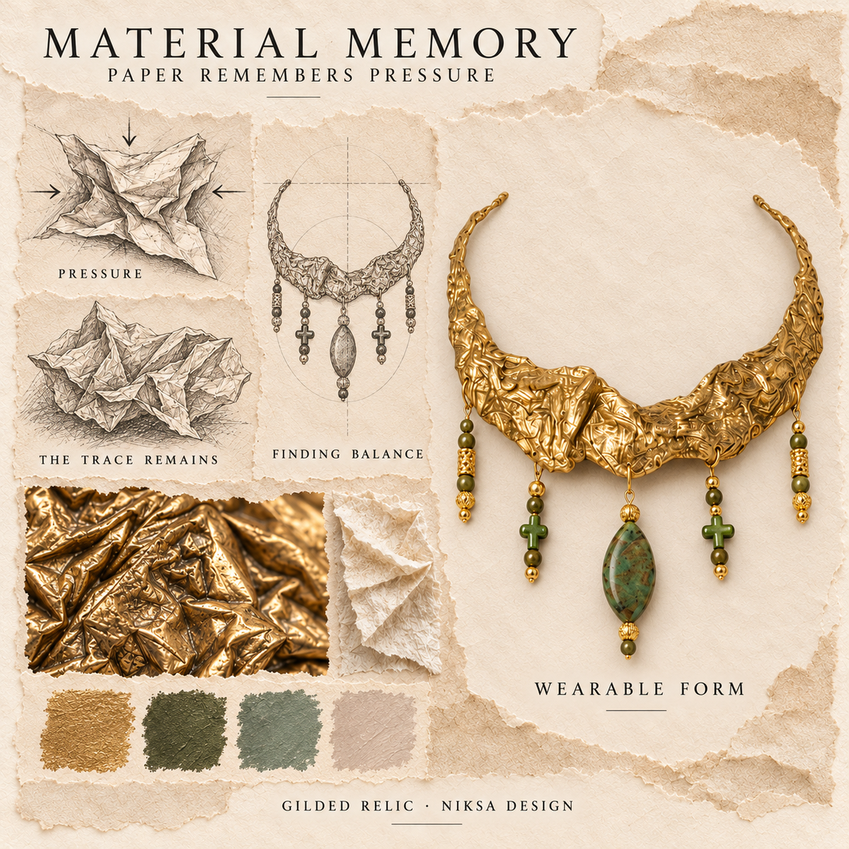 Gilded Relic concept moodboard with sculptural jewelry, texture details and graphite studies of pressure, visible traces and balance.