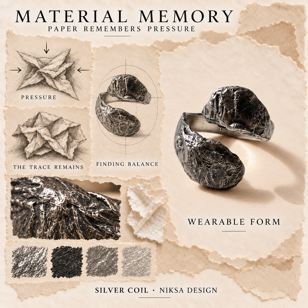 Silver Coil concept moodboard with sculptural jewelry, texture details and graphite studies of pressure, visible traces and balance.