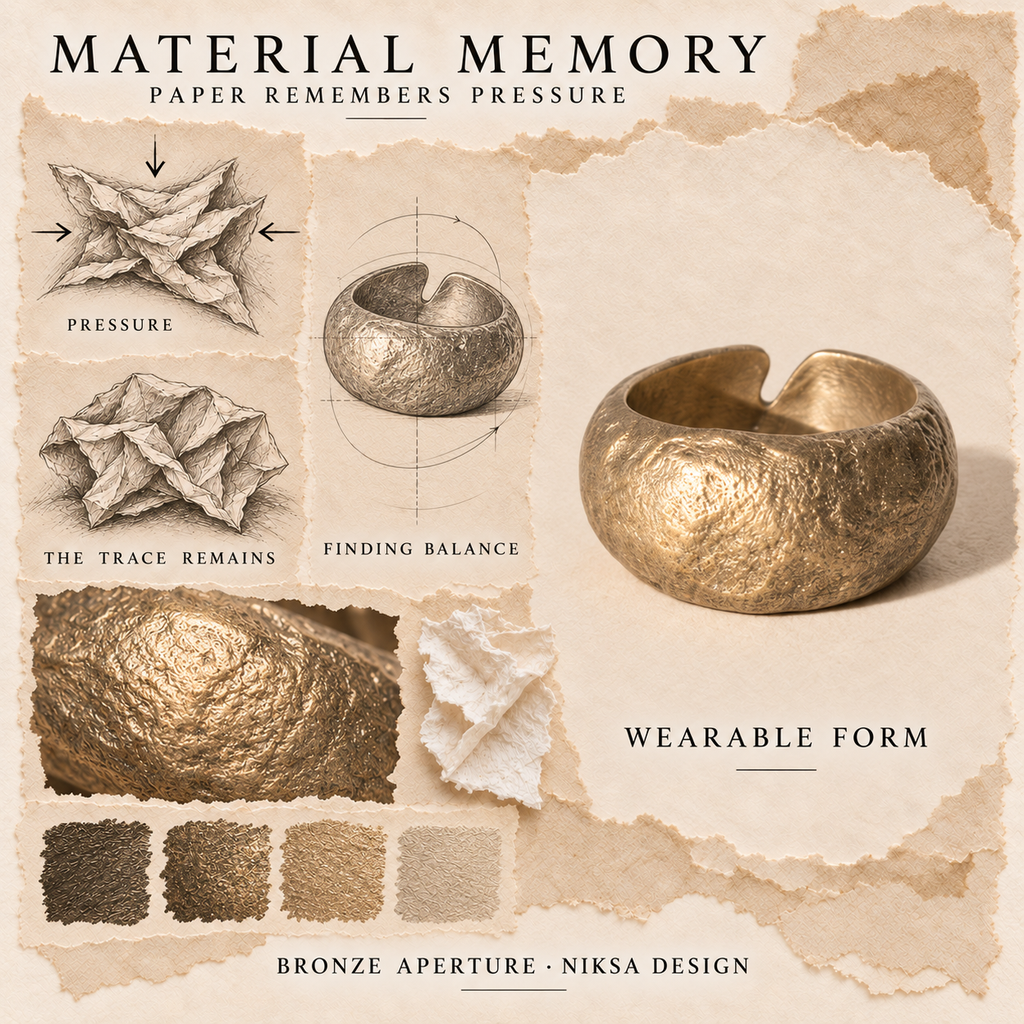 Bronze Aperture concept moodboard with sculptural jewelry, texture details and graphite studies of pressure, visible traces and balance.
