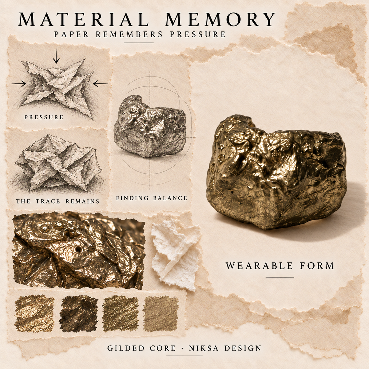 Gilded Core concept moodboard with sculptural jewelry, texture details and graphite studies of pressure, visible traces and balance.