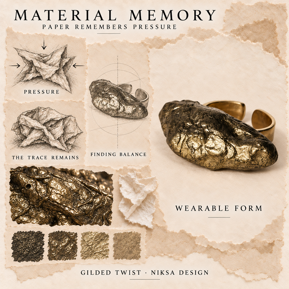 Gilded Twist concept moodboard with sculptural jewelry, texture details and graphite studies of pressure, visible traces and balance.